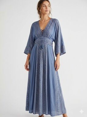 Free People Modern Kimono Denim Blue Maxi Dress 0 Boho Chic Romantic Effortless